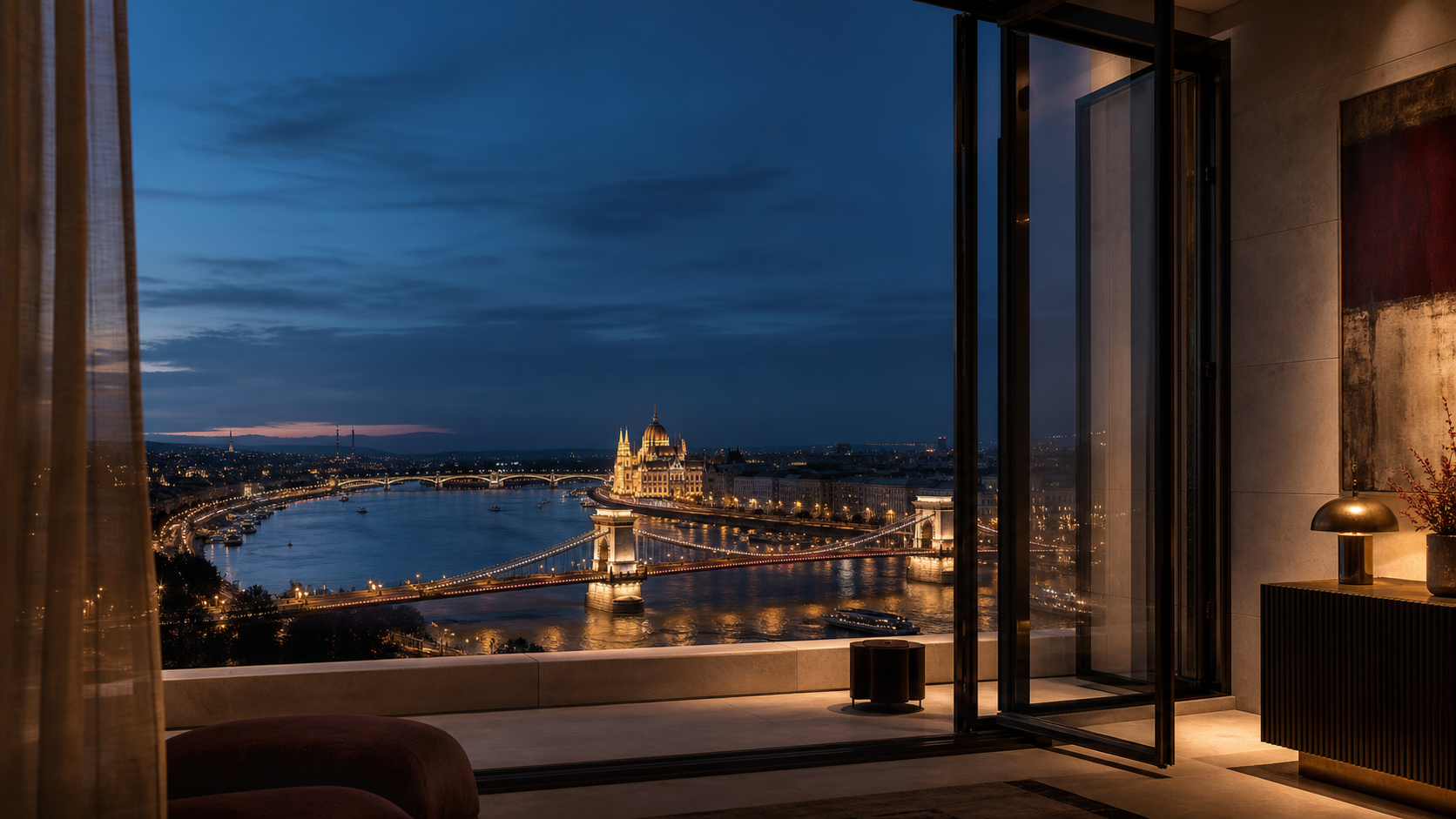 Budapest esti látképe egy elegáns otthonból